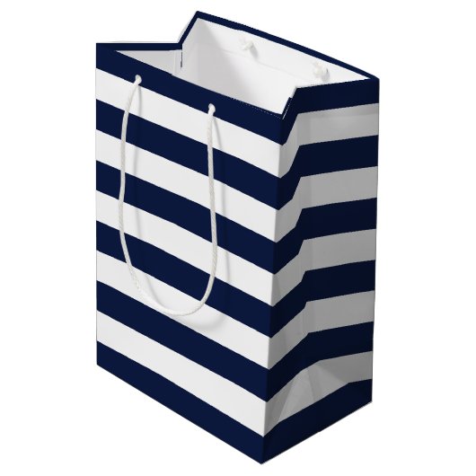 White Navy Blue Stripes Pattern {kies uw kleur} Medium Cadeauzakje (Achterkant Gekanteld)