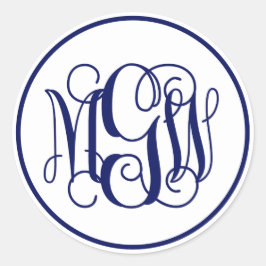White Navy Blue Vine Script Monogram, DIY BG Ronde Sticker