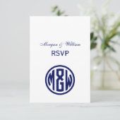 White Navy Circle Monogram Font DIY BG RSVP Kaartje (Staand voorkant)