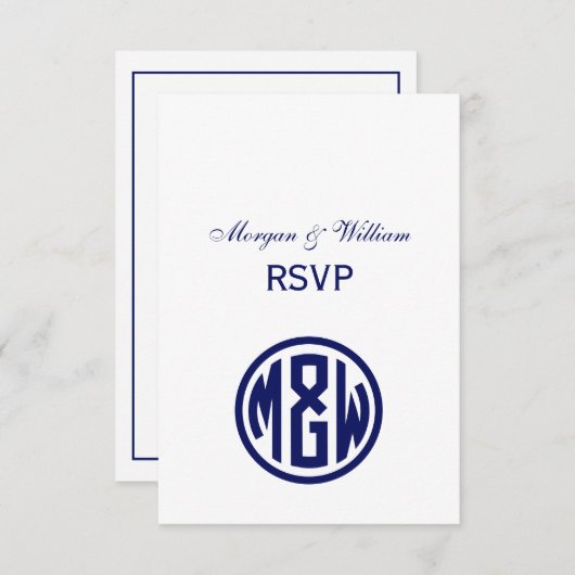 White Navy Circle Monogram Font DIY BG RSVP Kaartje (Voorkant / Achterkant)