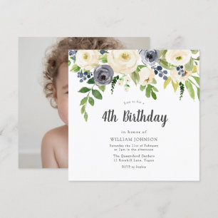 White Navy Floral Girl Boy Foto 4th Birthday Kaart