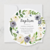 White Navy Floral Wreath Baby Photo Baptisme Kaart (Voorkant)