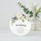 White & Navy Flowers Baby Foto 1e verjaardag Kaart (Staand voorkant)