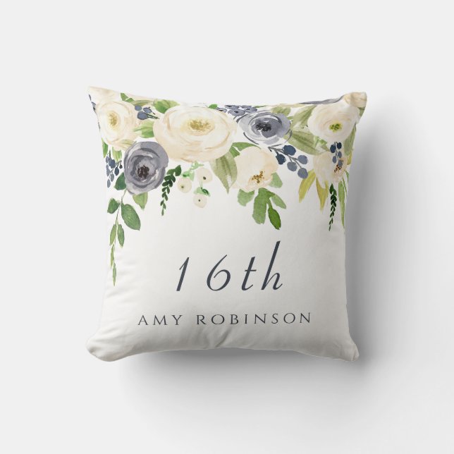 White & Navy Flowers Girls 16th Birthday Gift Kussen (Voorkant)