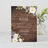 White & Navy Flowers Rustic 60th Birthday Party Kaart (Staand voorkant)