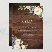 White & Navy Flowers Rustic 60th Birthday Party Kaart (Voorkant / Achterkant)