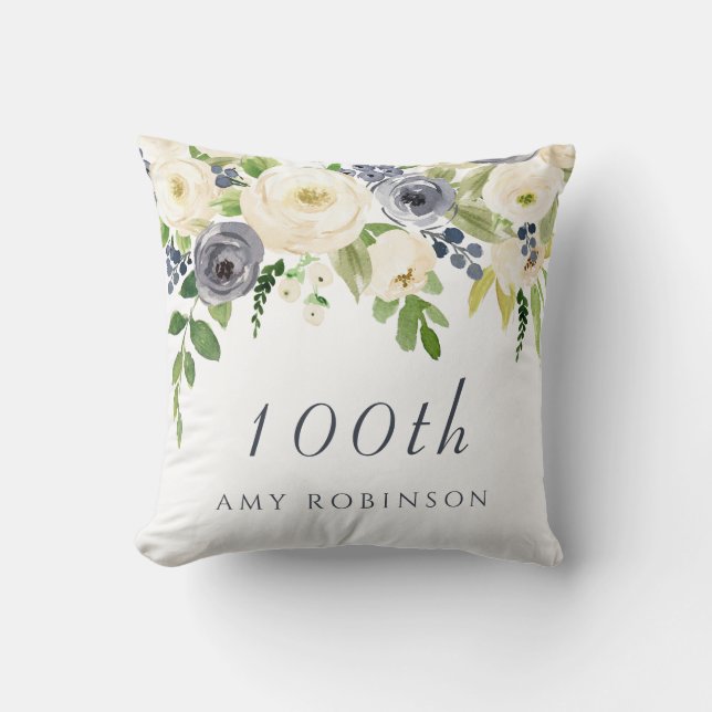 White & Navy Flowers vrouwen 100th Birthday Gift Kussen (Voorkant)