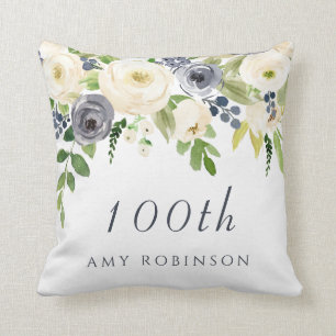 White & Navy Flowers vrouwen 100th Birthday Gift Kussen