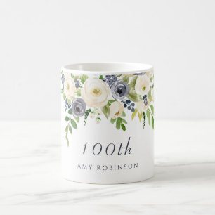 White & Navy Flowers Womans 100th Birthday Gift Koffiemok