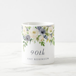White & Navy Flowers Womans 90th Birthday Gift Koffiemok