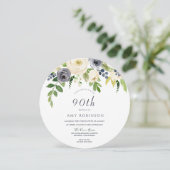 White & Navy Flowers Womans 90th Birthday Party Kaart (Staand voorkant)