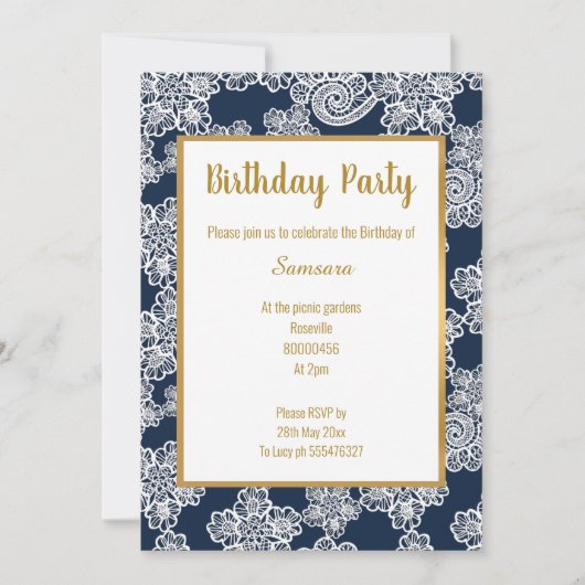 WHITE NAVY LACE GOLD TRIM ELEGANT BIRTHDAY white Kaart (Voorkant)