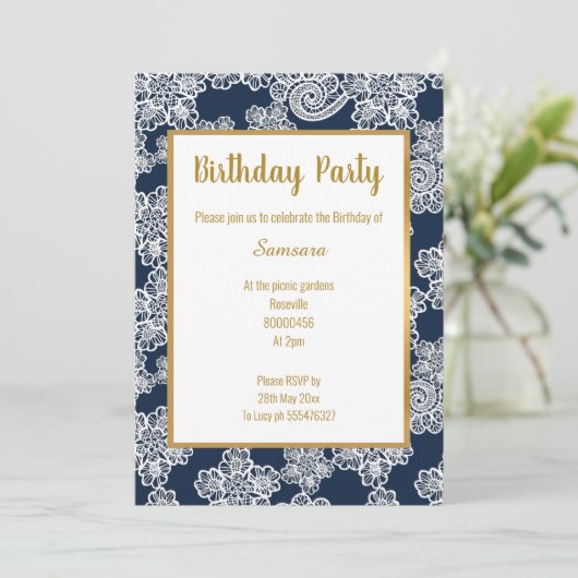 WHITE NAVY LACE GOLD TRIM ELEGANT BIRTHDAY white Kaart (Staand voorkant)