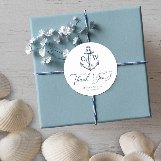 White Navy Nautical Wedding Monogram Ronde Sticker
