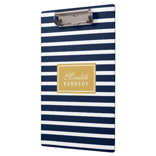 White Navy Stripe Pattern Gold Name Sjabloon Klembord (Links)
