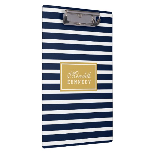 White Navy Stripe Pattern Gold Name Sjabloon Klembord (Rechts)
