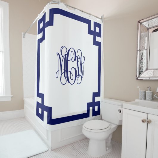 White Navy Vine Monogram DIY BG & Grieks Key Lijst Douchegordijn (In situ)