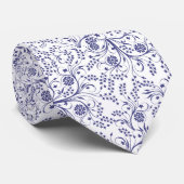 White neck tie with elegant blue floral pattern  stropdas (Opgerold)