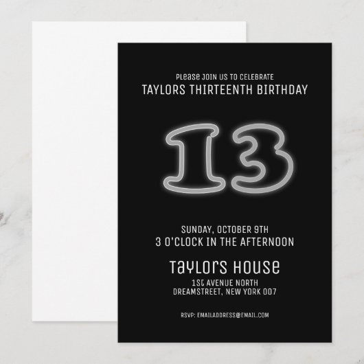 White Neon Sign 13th Trendy Birthday Party Kaart (Voorkant / Achterkant)