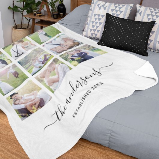 White Nine Photo Collage Familienaam Calligrafie Fleece Deken