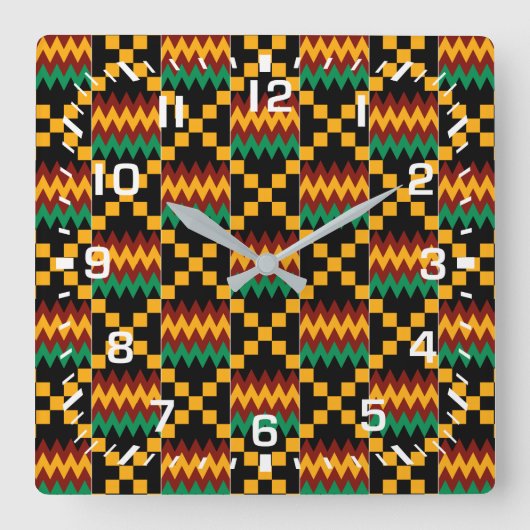 White Numbers / Africa Kente Cloth Vierkante Klok (Voorkant)