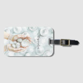 White Ocean Seafoam Blue Shells Pearls Bagagelabel (Voorkant (horizontaal))