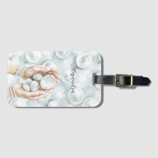White Ocean Seafoam Blue Shells Pearls Bagagelabel (Voorkant (horizontaal))