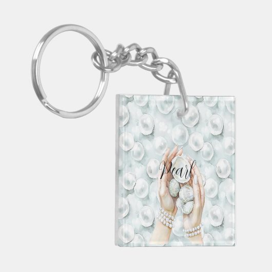White Ocean Seafoam Blue Shells Pearls Sleutelhanger (Voorkant Links)