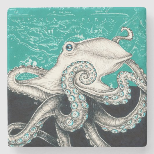 White Octopus Blauwgroen Map Stenen Onderzetter (Voorkant)