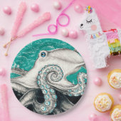 White Octopus  Map Blauwgroen Papieren Bordje (Feest)