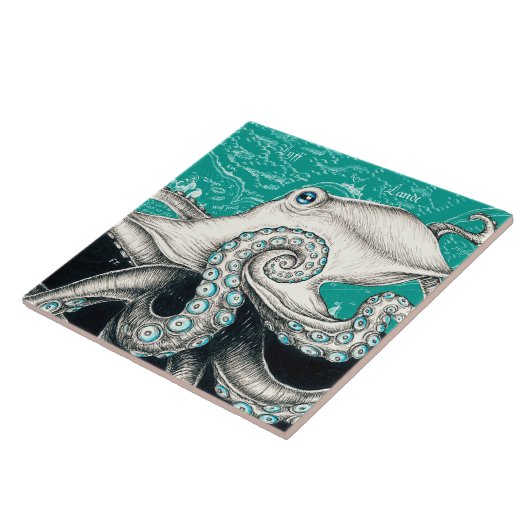 White Octopus  Map Blauwgroen Tegeltje (Zijkant)