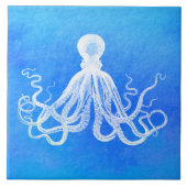 White Octopus Ocean Blue Waterverf Tegeltje (Voorkant)