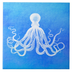 White Octopus Ocean Blue Waterverf Tegeltje