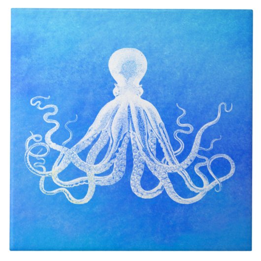 White Octopus Ocean Blue Waterverf Tegeltje (Voorkant)