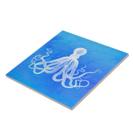 White Octopus Ocean Blue Waterverf Tegeltje (Zijkant)