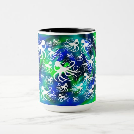 White octopus on Blue Green - 15 oz. Combinatie-Mo Mok (Midden)