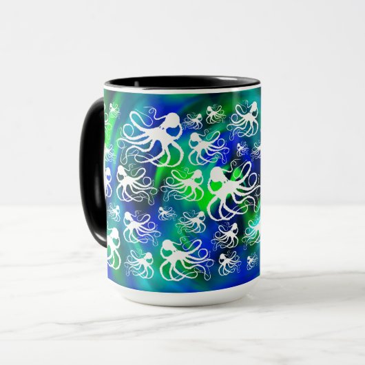 White octopus on Blue Green - 15 oz. Combinatie-Mo Mok (Voorkant links)