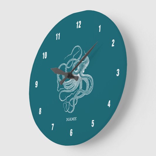 White octopus on custom turquoise background monog grote klok (Hoek)