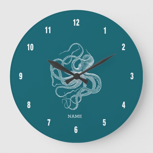 White octopus on custom turquoise background monog grote klok (Voorkant)
