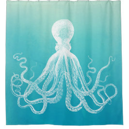 White octopus Unique Aqua Blue Ombre Gradient Douchegordijn