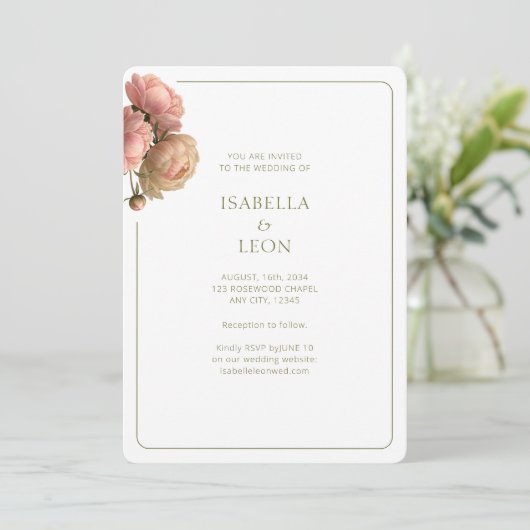 White & Olive | Blush Rose Wedding Invitation Kaart (Staand voorkant)