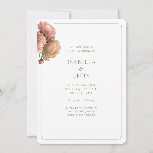 White & Olive | Blush Rose Wedding Invitation Kaart (Voorkant)