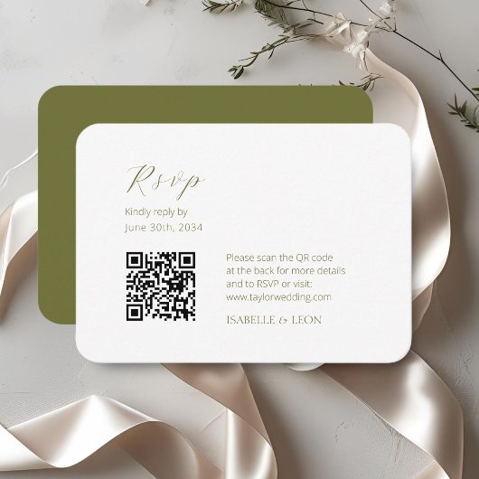 White & Olive | Chic Simple Scrpt QR Code Wedding Informatiekaartje
