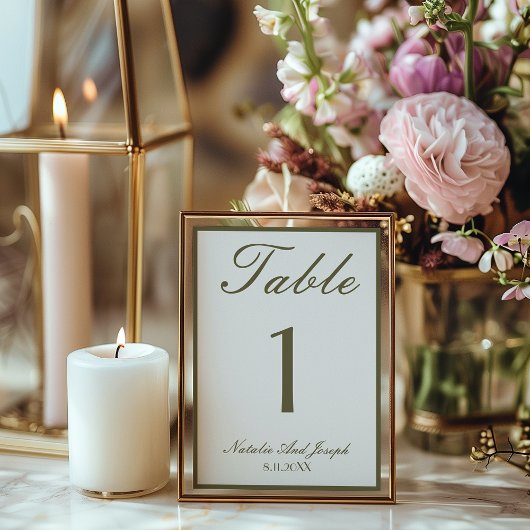 White Olive Green Old Money  Wedding Table Number Kaart