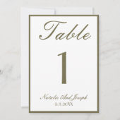 White Olive Green Old Money  Wedding Table Number Kaart (Voorkant)