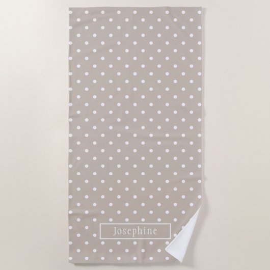 White On Beige Polka Dots Pattern With Custom Name Strandlaken (Voorkant)
