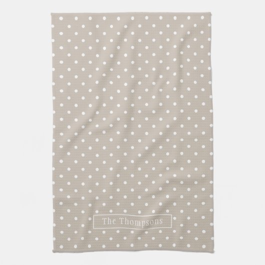 White On Beige Polka Dots Pattern With Custom Name Theedoek (Verticaal)