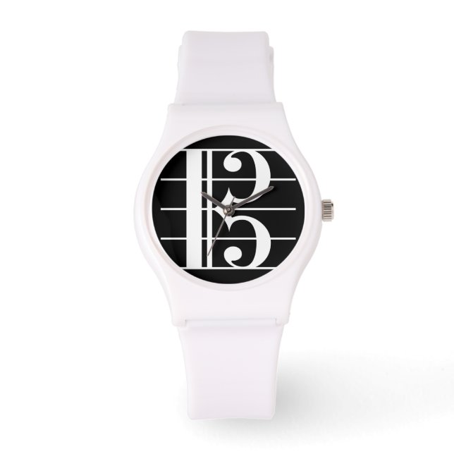 White-on-Black Alto Clef Horloge (Voorkant)