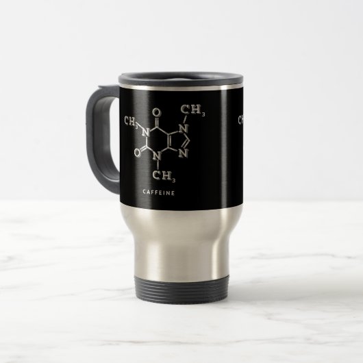 White on Black Caffeine Molecule Graphic Reisbeker (Voorkant links)