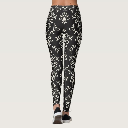 White on Black Floral Damascus Pattern Leggings (Achterkant)